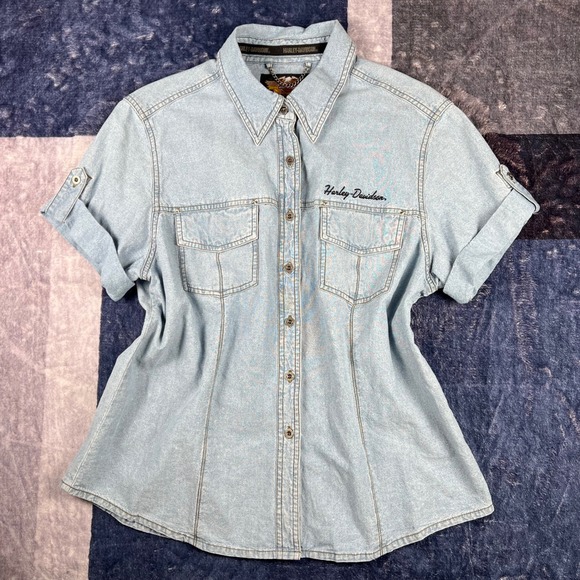 Harley-Davidson Tops - Harley Davidson Womens Large Light Wash Denim Short Sleeve Button Up Shirt Moto